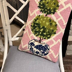 Chinoiserie Wool Hooked Throw Pillow - Pink and green topiary